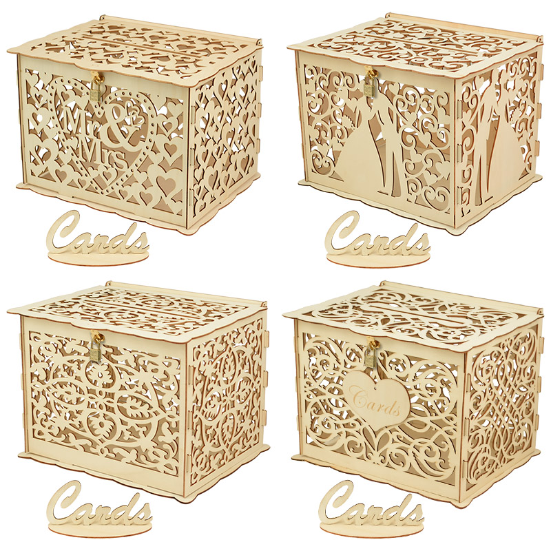 Wedding Card Box - 30X24X21cm DIY ウェディングギフトカードボックス木製貯金箱ロック付き美しい結婚式の装飾誕生日パーティー用品