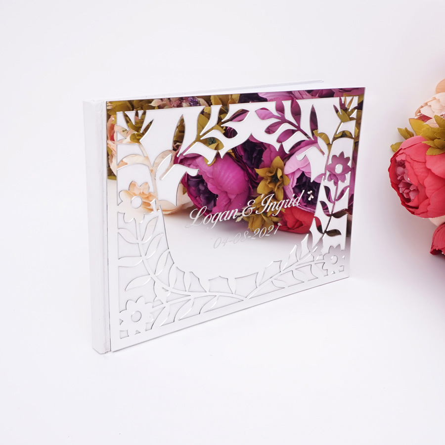 Personalized Guest Book - 高級感のある中空花柄ミラーアクリル製結婚式のゲストブック、名前と日付入りサインアルバム、25x18cm、カスタムウェディングジャーナル