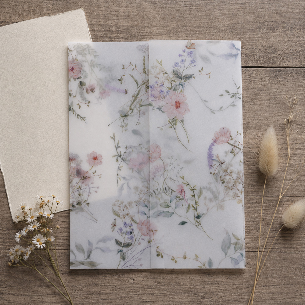 Wedding Envelopes - 20/50枚入り水彩野花柄ベラムラップ、DIYベラム折り封筒、モダンな花柄ベラムジャケット、結婚式の招待状用