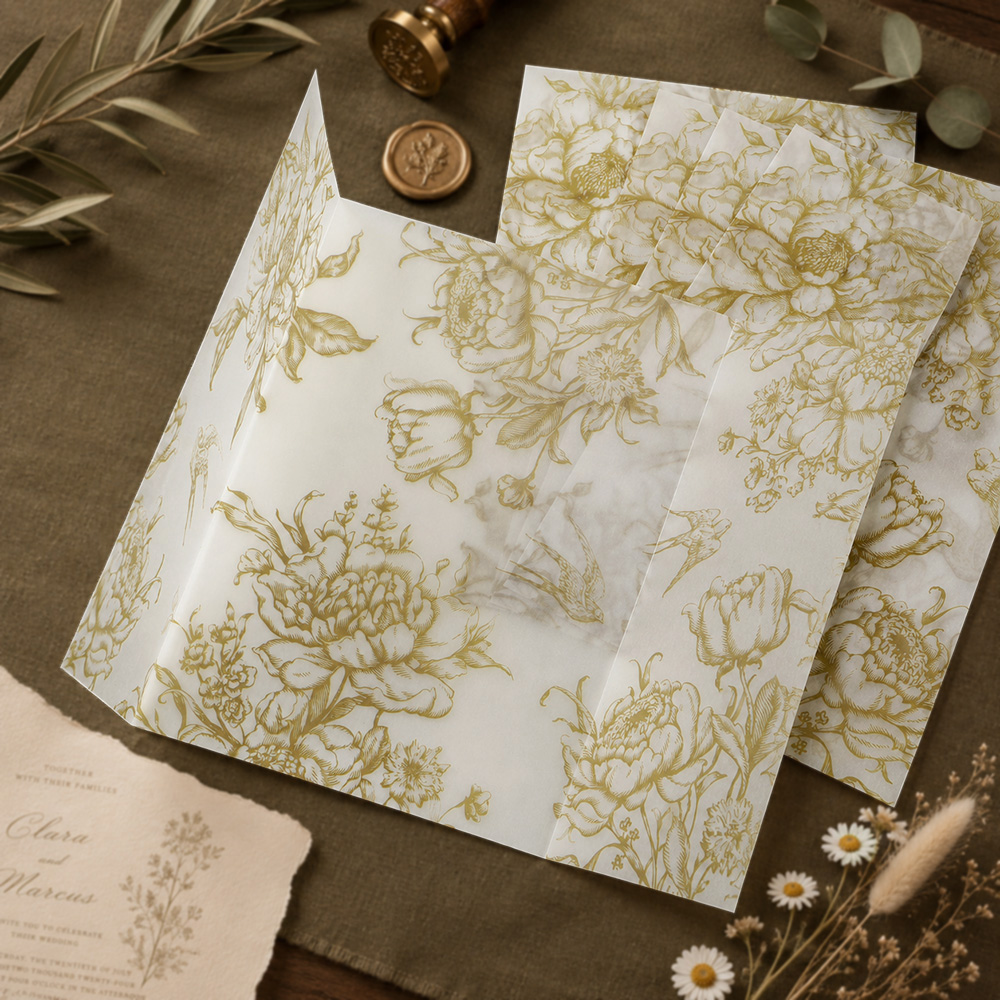 Wedding Envelopes - 20/50個入り モノクロの花柄ベラムラップ、ヴィンテージ花柄ベラムジャケット、DIYベラム折り封筒、結婚式の招待状用