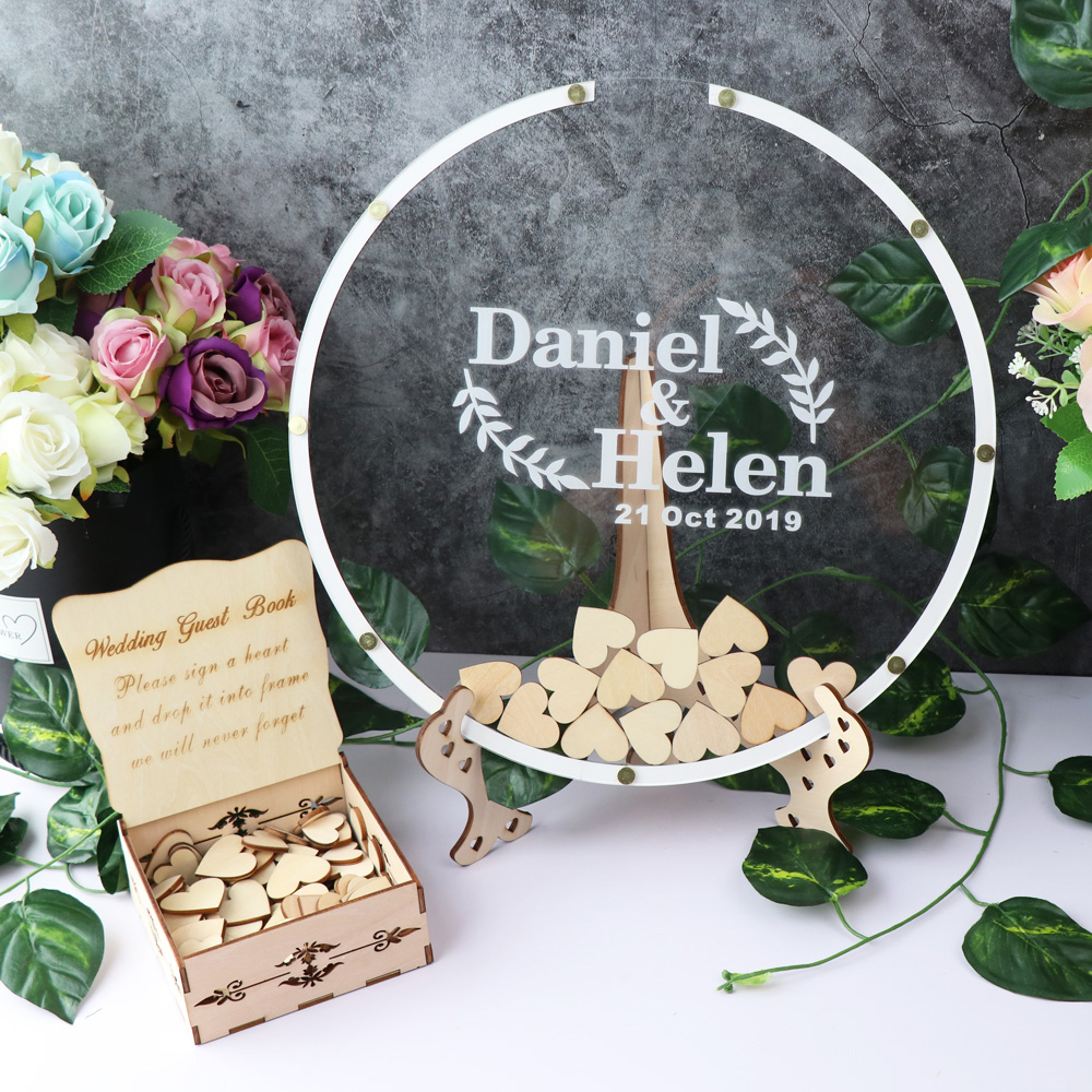 Personalized Guest Book - パーソナライズされたアクリルラウンドウェディングゲストブック代替、アクリルドロップトップ、サークルウッドウェディングゲストブック、ウェディングネームサイン、