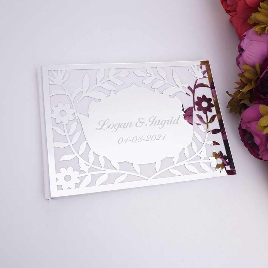 高級感のある中空花柄ミラーアクリル製結婚式のゲストブック、名 - Personalized Guest Book のレビューと価格