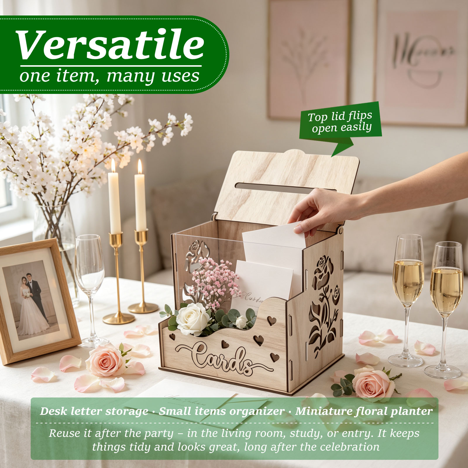 木製パーティーカードボックス アクリル窓とフラワートラフ付き - Wedding Card Box のレビューと価格
