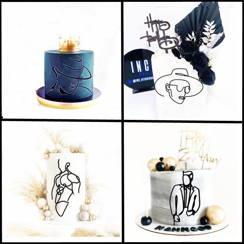 スケッチフェイスアクリルバースデーケーキトッパーブラックスー - Suit Supply Wedding Party のレビューと価格